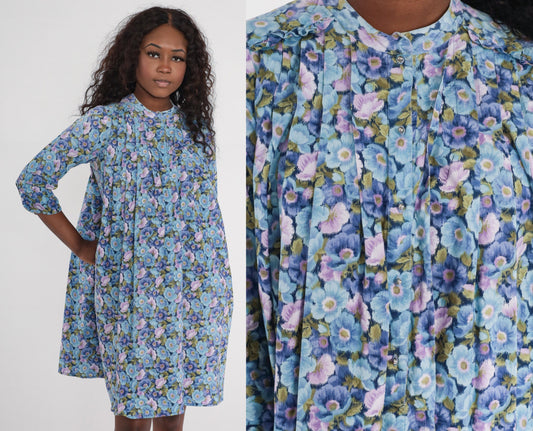80s Floral Tent Dress Blue Purple Button Up 3/4 Sleeve Mini Small