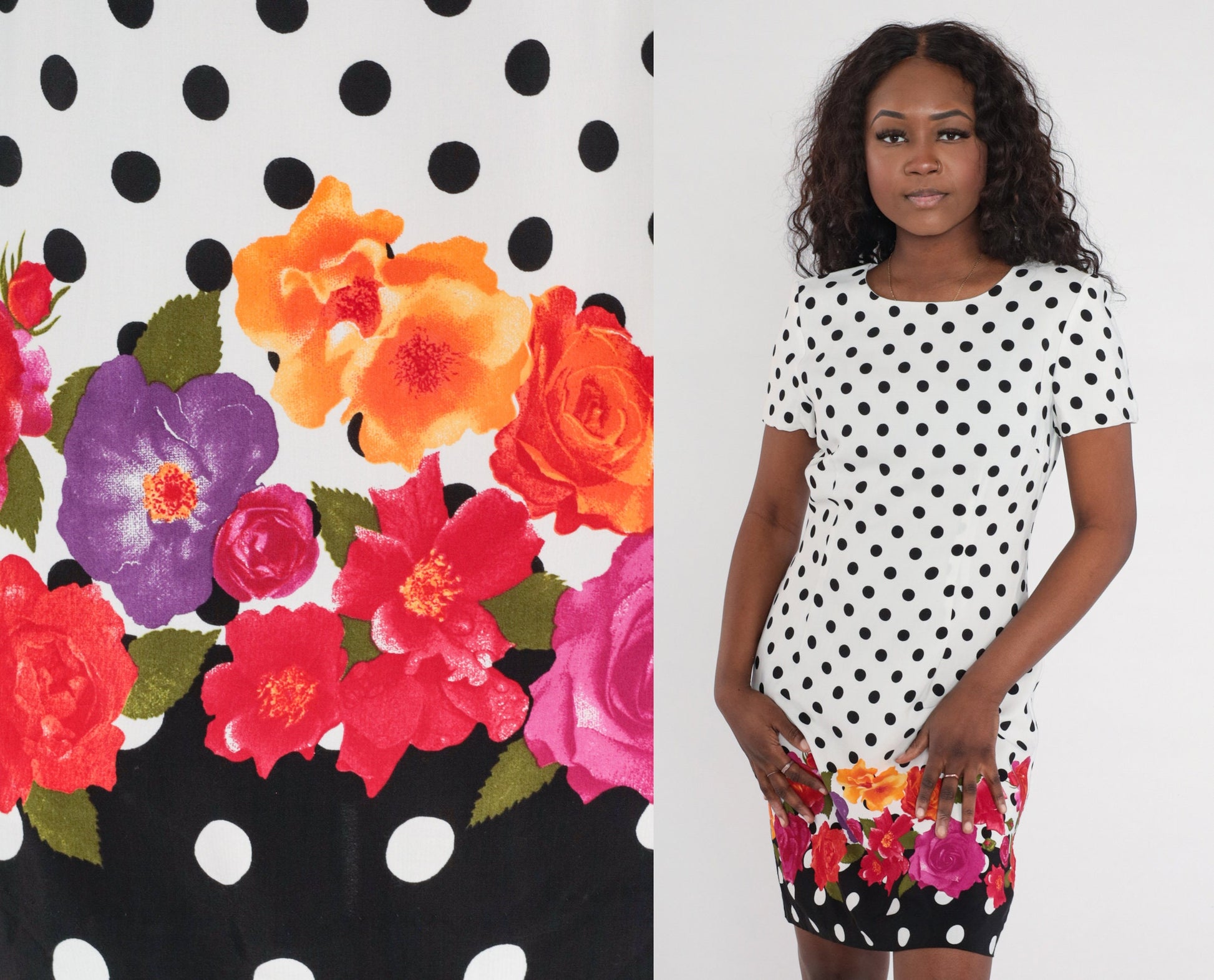 00s Polka Dot Floral Sheath Mini Dress Black White Short Sleeve Medium 8