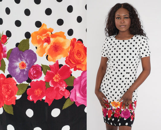 00s Polka Dot Floral Sheath Mini Dress Black White Short Sleeve Medium 8