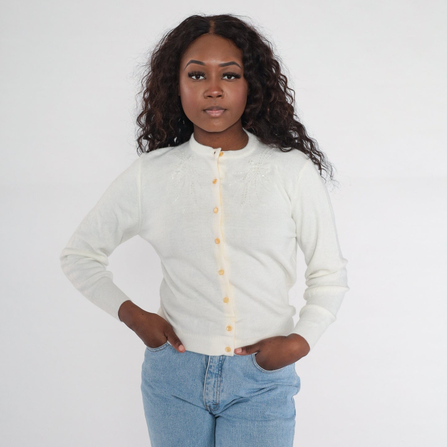 1960s Beaded Cardigan White Button-Up Knit Sweater Small