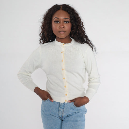 1960s Beaded Cardigan White Button-Up Knit Sweater Small