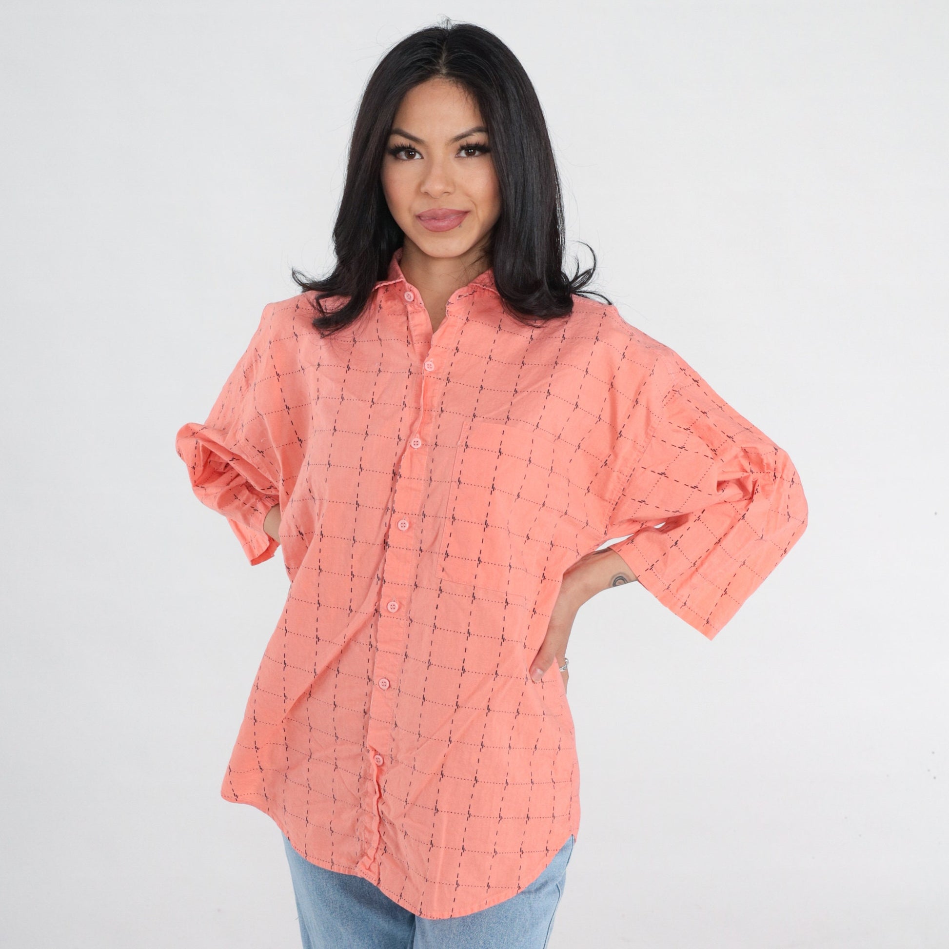 90s Peach Pink Checkered Cotton Button-Up Shirt 3/4 Sleeve Medium