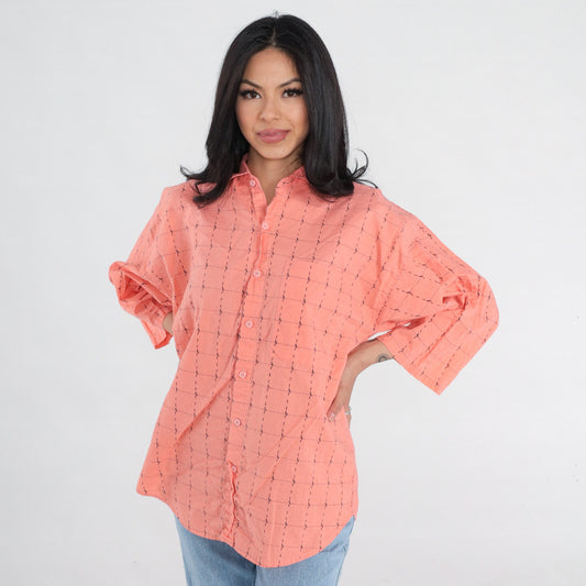 90s Peach Pink Checkered Cotton Button-Up Shirt 3/4 Sleeve Medium
