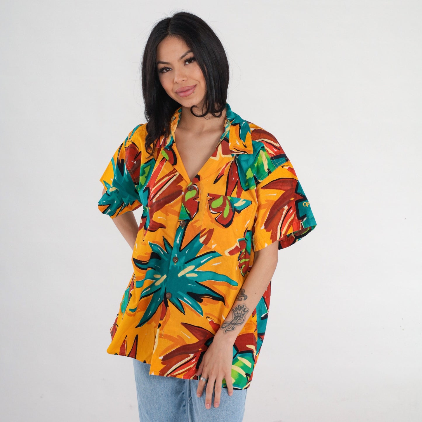 90s Yellow Tropical Leaf Print Button-Up Shirt Men's Extra Large