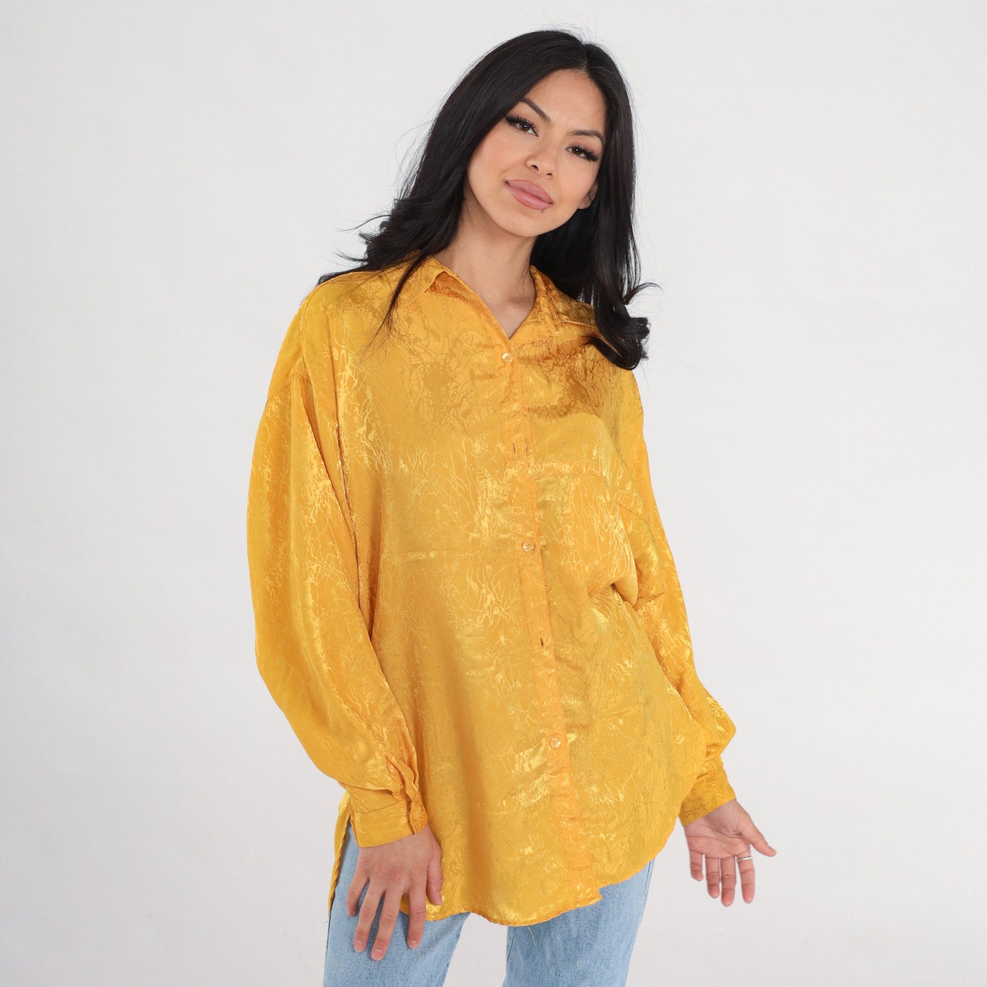 80s Yellow Embossed Abstract Button-Up Blouse Long Sleeve Collared Large L