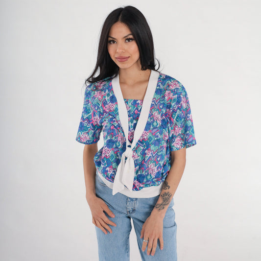 90s Abstract Print Necktie Blouse Short Sleeve Banded Hem White Blue Pink Green Medium