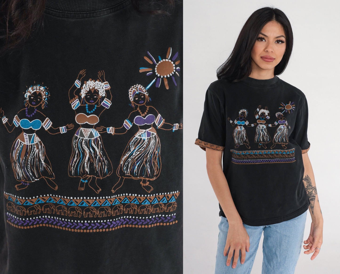 90s Hawaii Hula Dancer Graphic T-Shirt Black Cotton Cuffed Sleeve Medium M