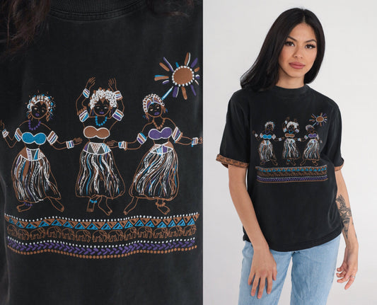 90s Hawaii Hula Dancer Graphic T-Shirt Black Cotton Cuffed Sleeve Medium M