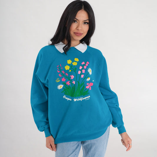 90s Oregon Wildflowers Blue Puffy Paint Floral Sweatshirt Collared Raglan Extra Large