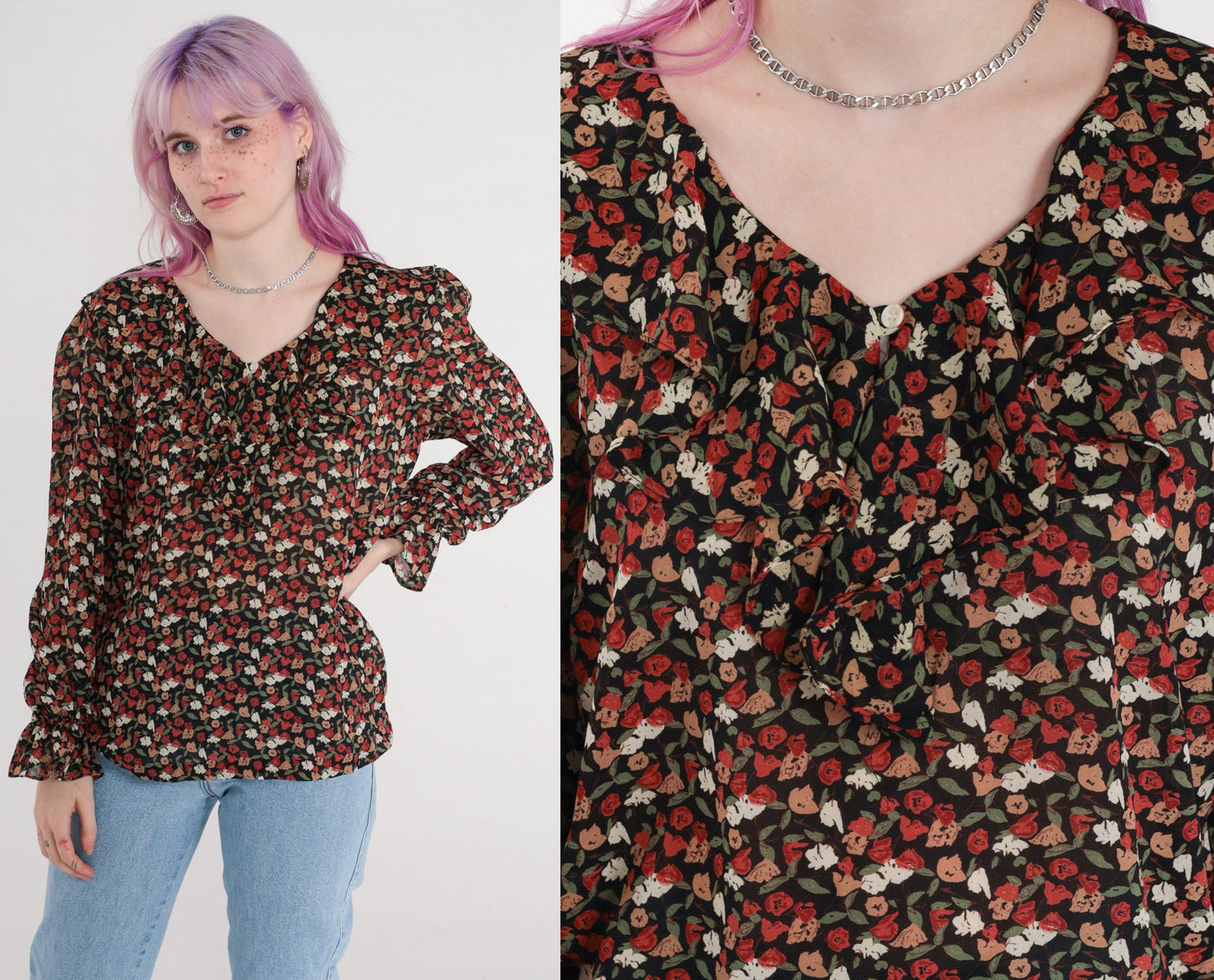 00s Floral Print Blouse Long Sleeve Ruffle Neckline Red Green Black Medium