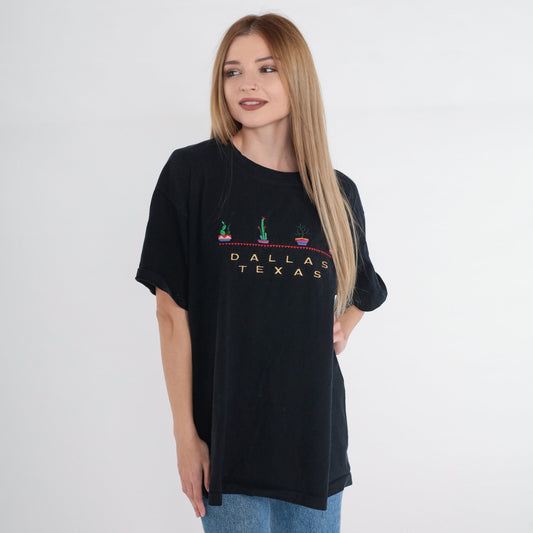 90s Dallas Texas Embroidered Potted Plants T-Shirt Black Cotton Extra Large XL