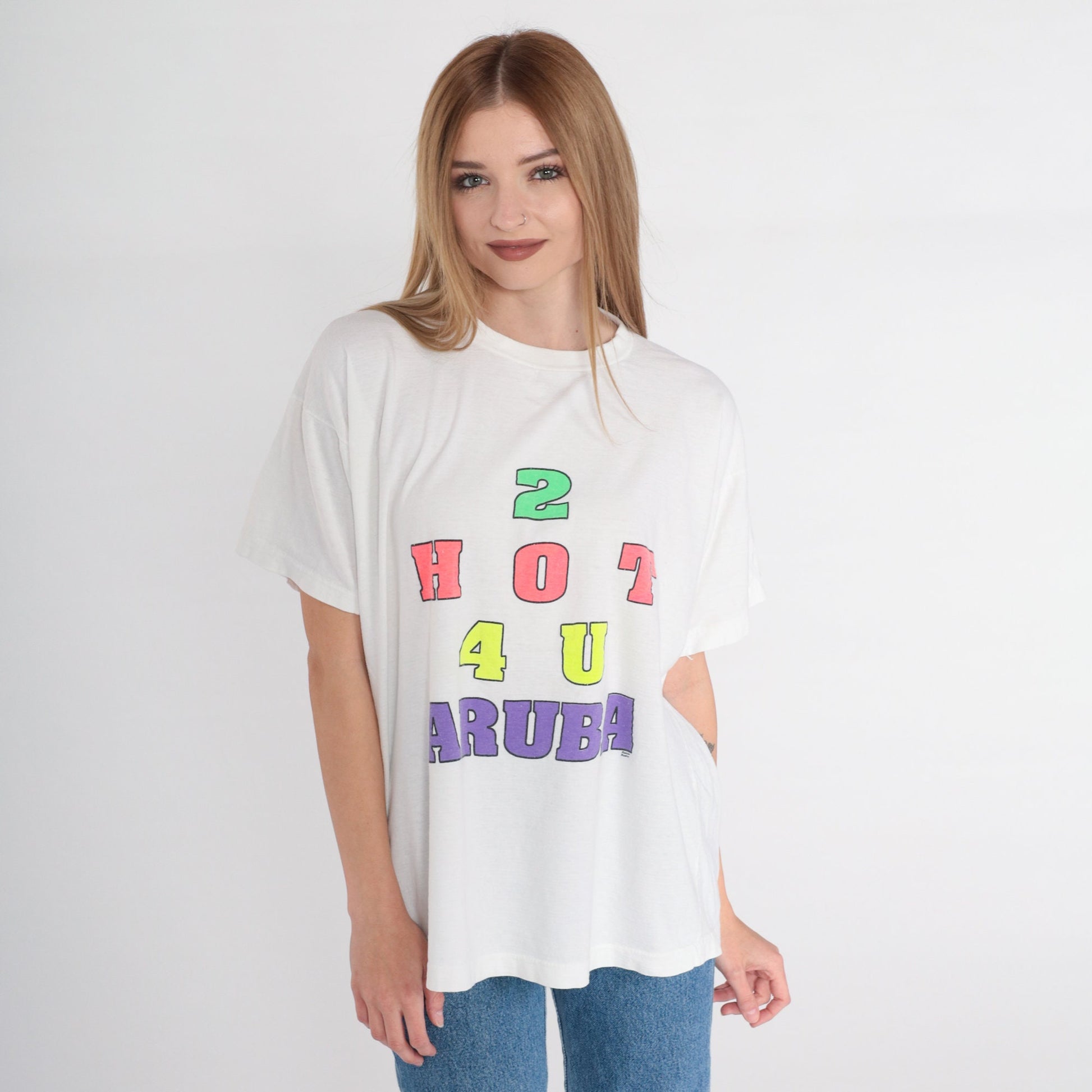 90s 2 Hot 4 U Aruba Jamaica Graphic T-Shirt White Single Stitch Medium