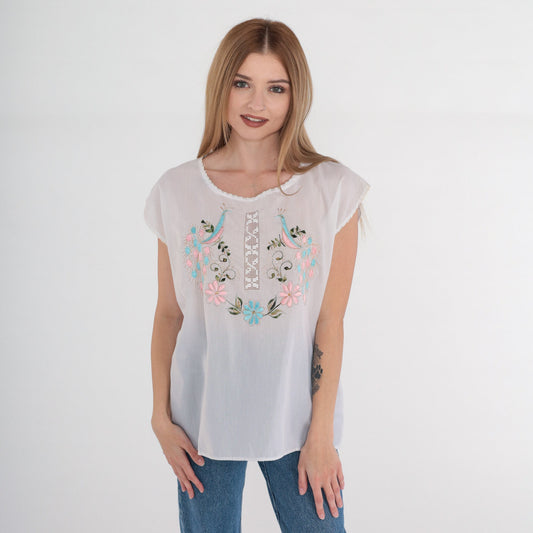 90s White Embroidered Cutwork Blouse Glittery Bird Floral Cap Sleeve Small S