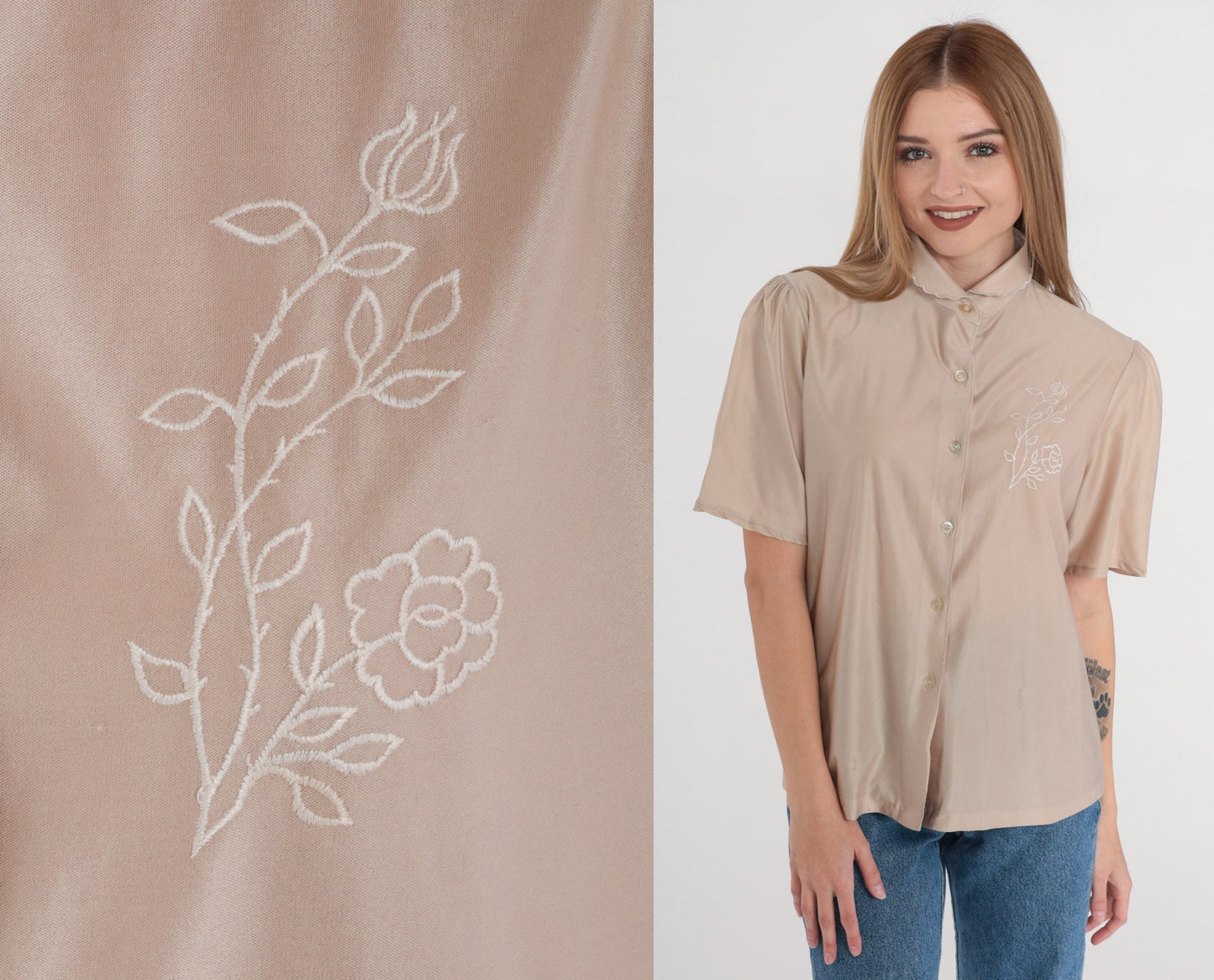 70s Taupe Puff Sleeve Blouse Peter Pan Collar Embroidered Floral Button Up Medium