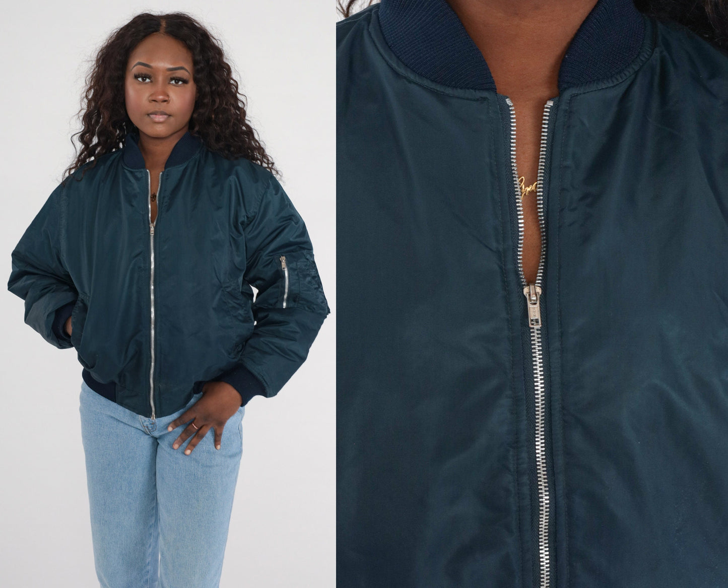 80s Navy Bomber Jacket Nylon Zip Windbreaker Knit Trim Men's Medium