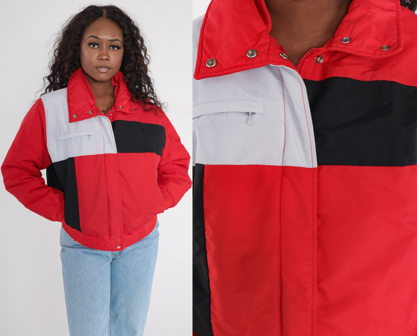 80s Trail Master Color Block Puffer Ski Jacket Red Grey Black Medium