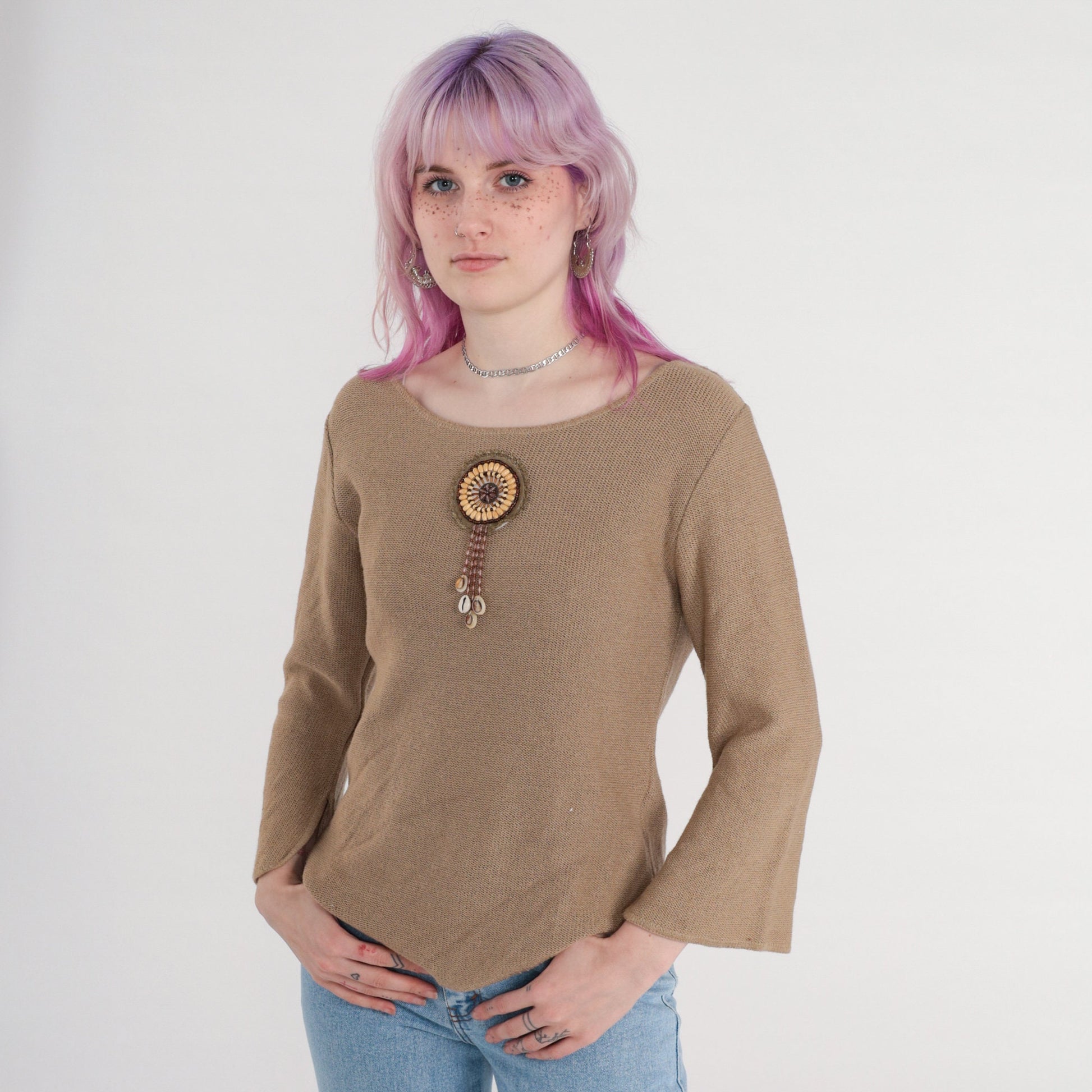 90s Taupe Knit Sweater Beaded Seashell Fringe Bell Sleeve Small