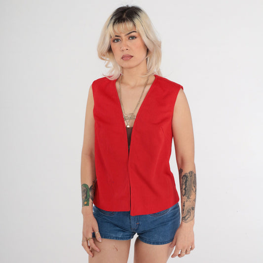 70s Red Sleeveless Vest Open Front Polyester Knit Small