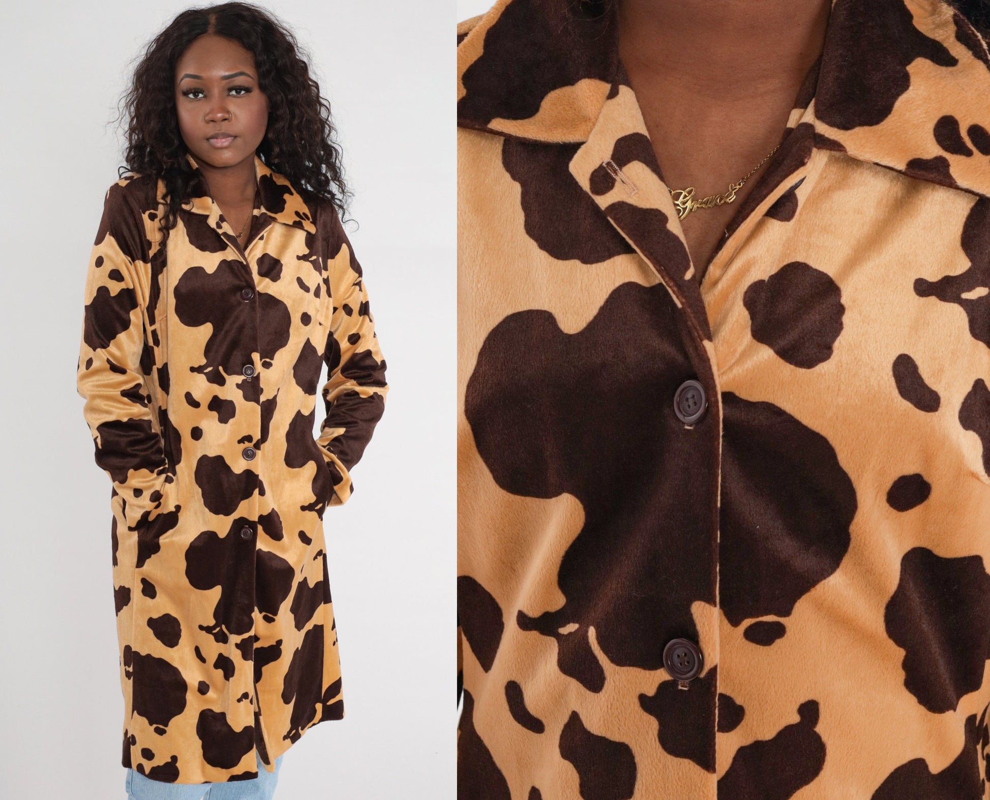 90s Cow Print Faux Fur Jacket Brown Button-Up Knee-Length Small