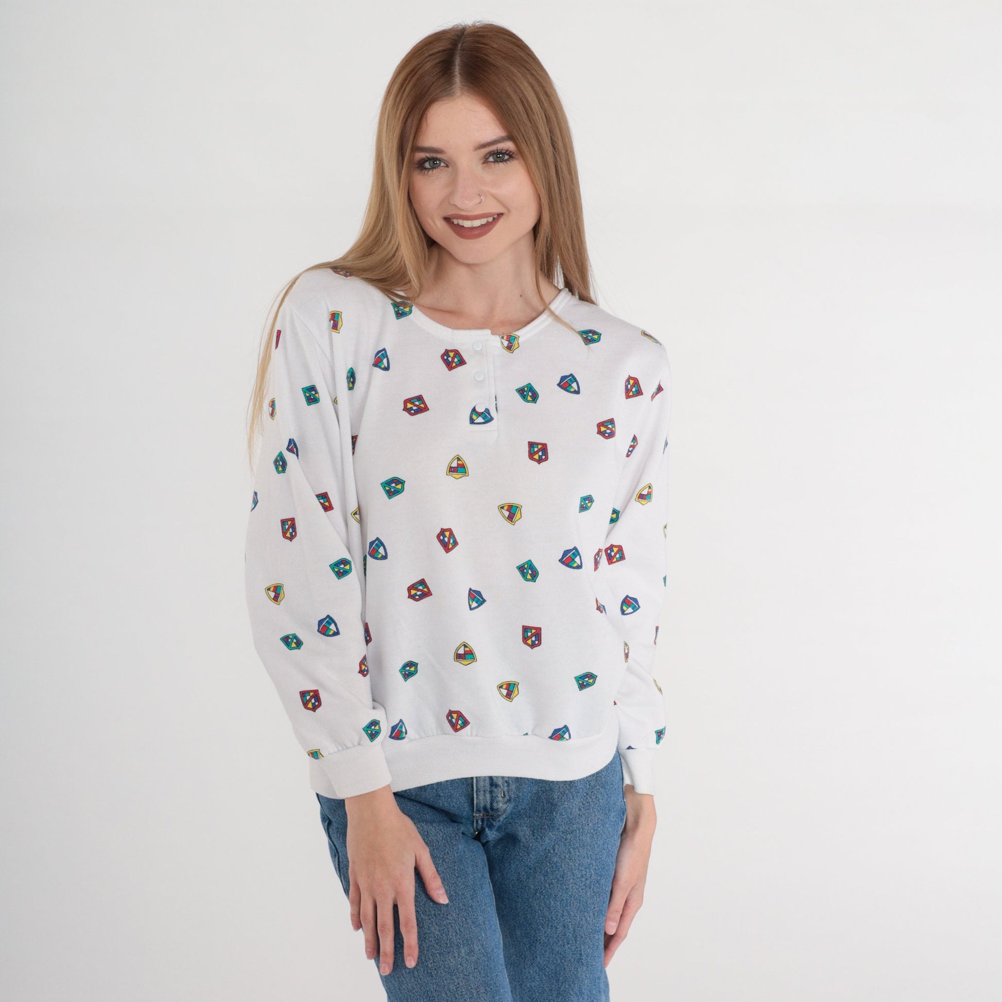 80s Crest Print Henley Sweatshirt White Snap Pullover Medium