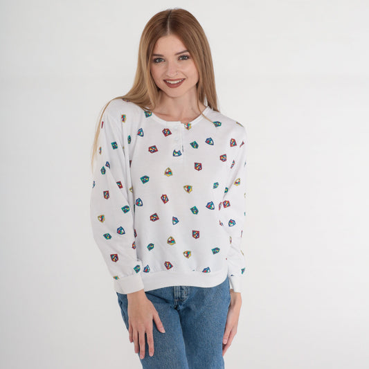 80s Crest Print Henley Sweatshirt White Snap Pullover Medium