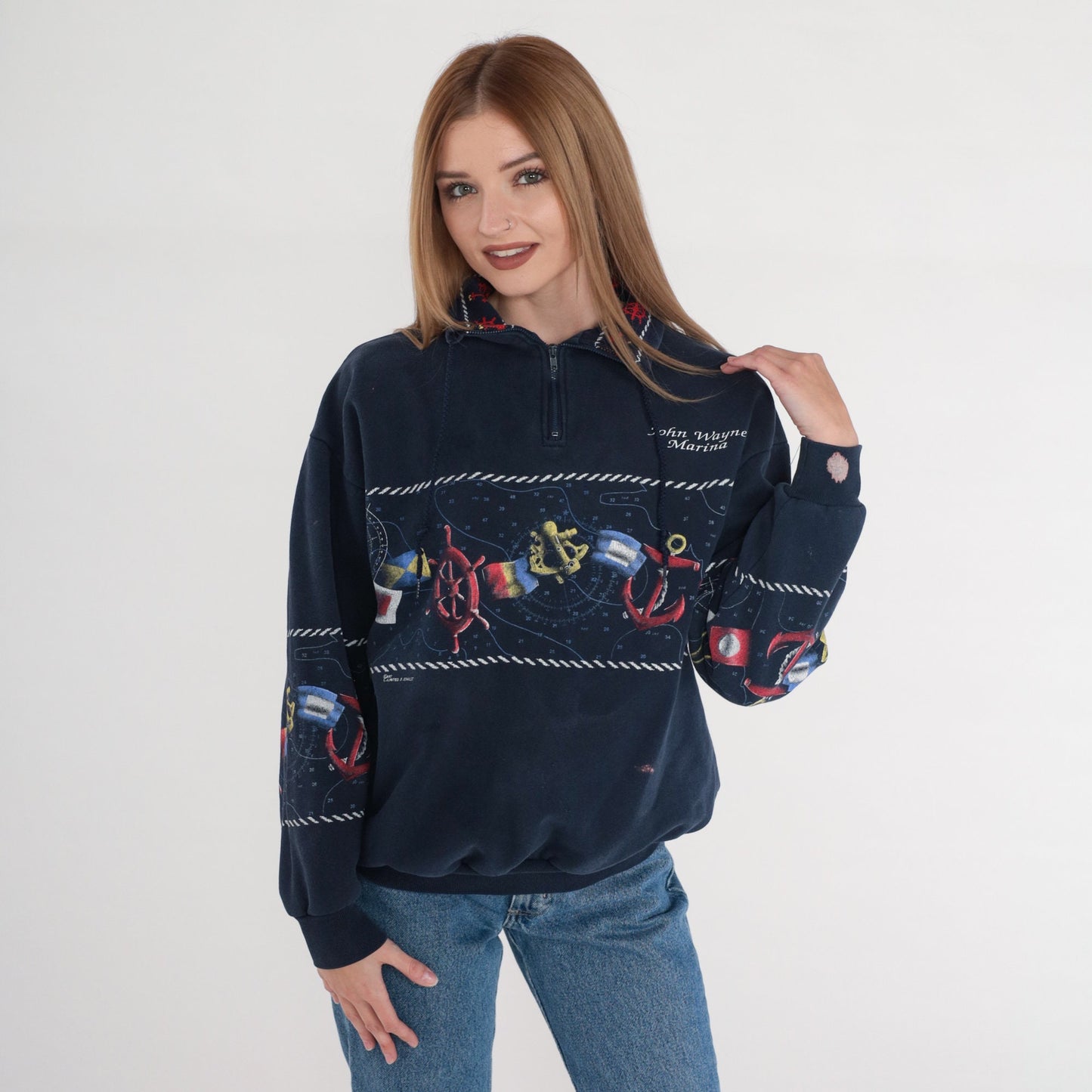 90s John Wayne Marina Celestial Quarter Zip Sweatshirt Navy Blue Medium M