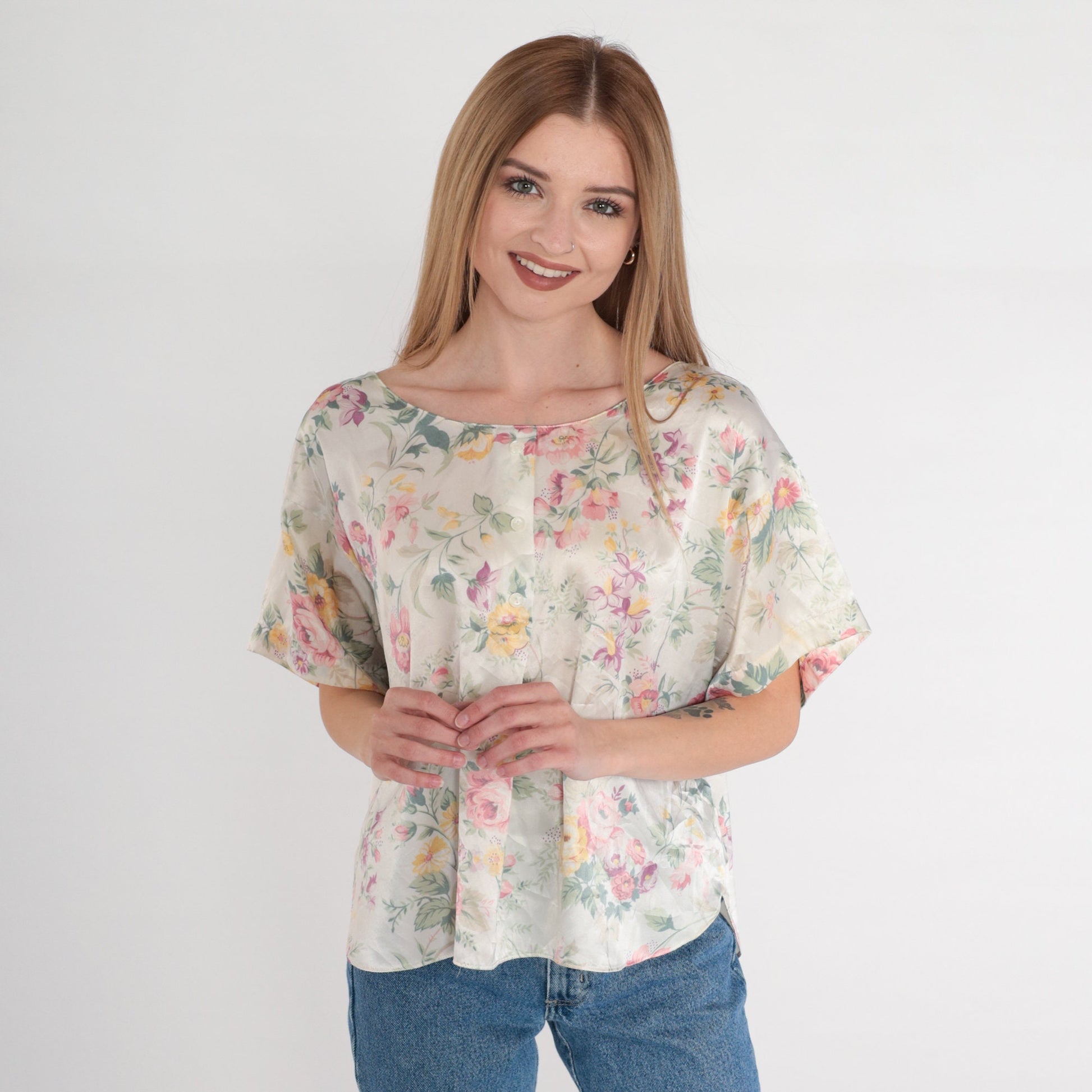 90s Barbizon Floral Satin Pajama Top Cream Half-Button Sleep Shirt Large L