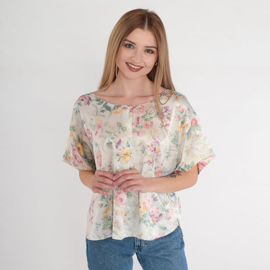90s Barbizon Floral Satin Pajama Top Cream Half-Button Sleep Shirt Large L