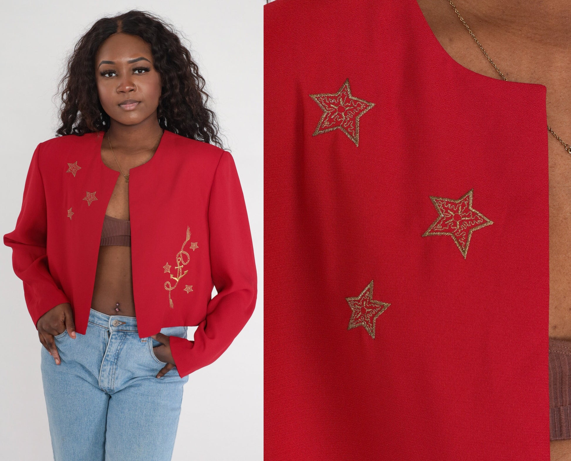 90s Red Cropped Jacket Gold Star Embroidered Open Front Blazer Extra Large XXL