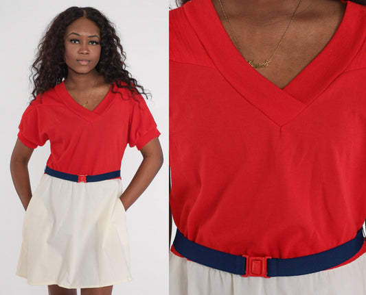 80s Color Block Mini Dress Red Off-White V-Neck Dolman Sleeve Medium Large