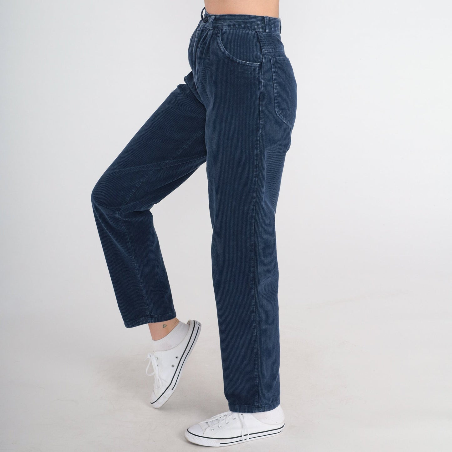 80s Navy Corduroy Pants High Waist Tapered Pleated Trousers XXS