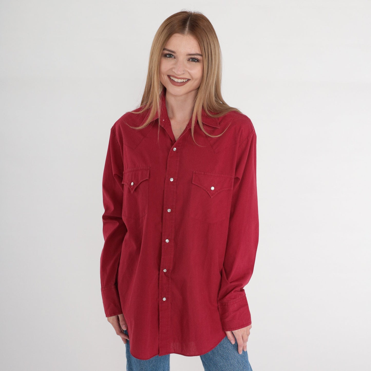 90s Red Western Pearl Snap Shirt Cowboy Button Up Medium M