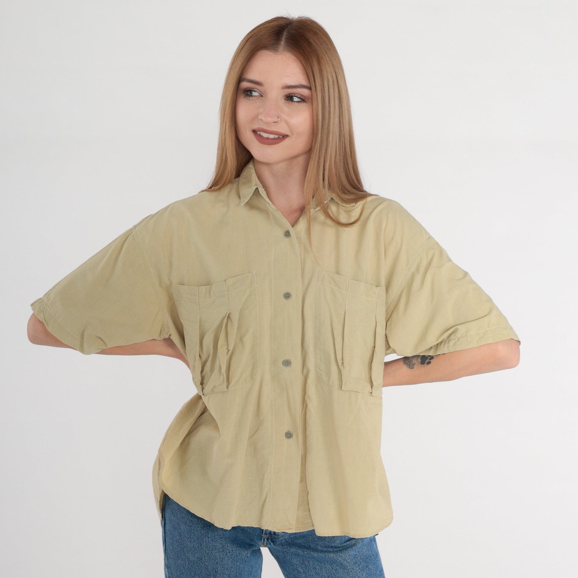 90s Green Cotton Button-Up Shirt Chest Pocket Short Sleeve Medium