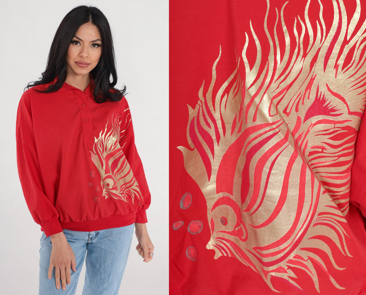 90s Red Fish Metallic Gold Graphic Collared Blouse Long Sleeve Medium M