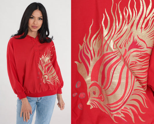 90s Red Fish Metallic Gold Graphic Collared Blouse Long Sleeve Medium M