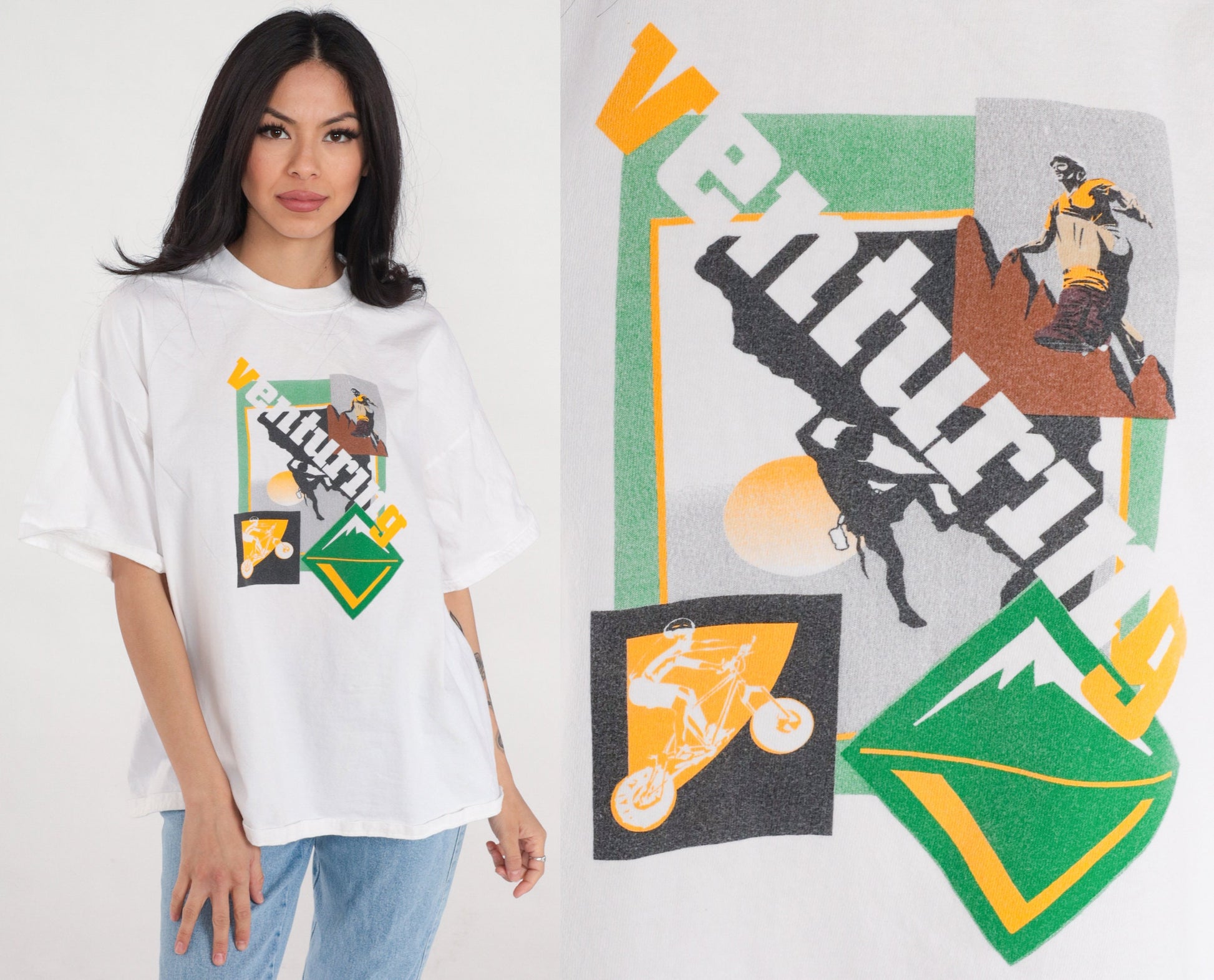 90s Venturing Graphic T-Shirt Rock Climbing Mountain Biking White Cotton XL