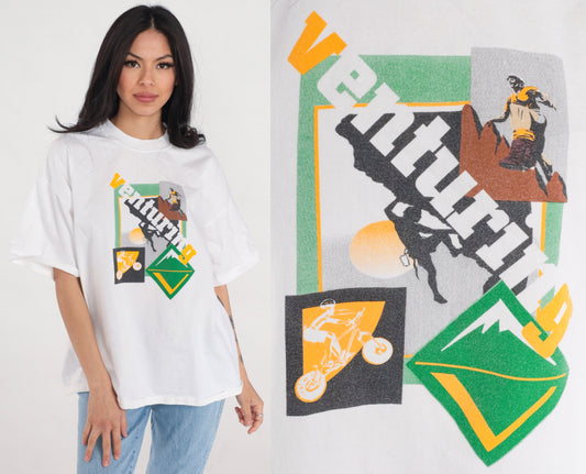 90s Venturing Graphic T-Shirt Rock Climbing Mountain Biking White Cotton XL