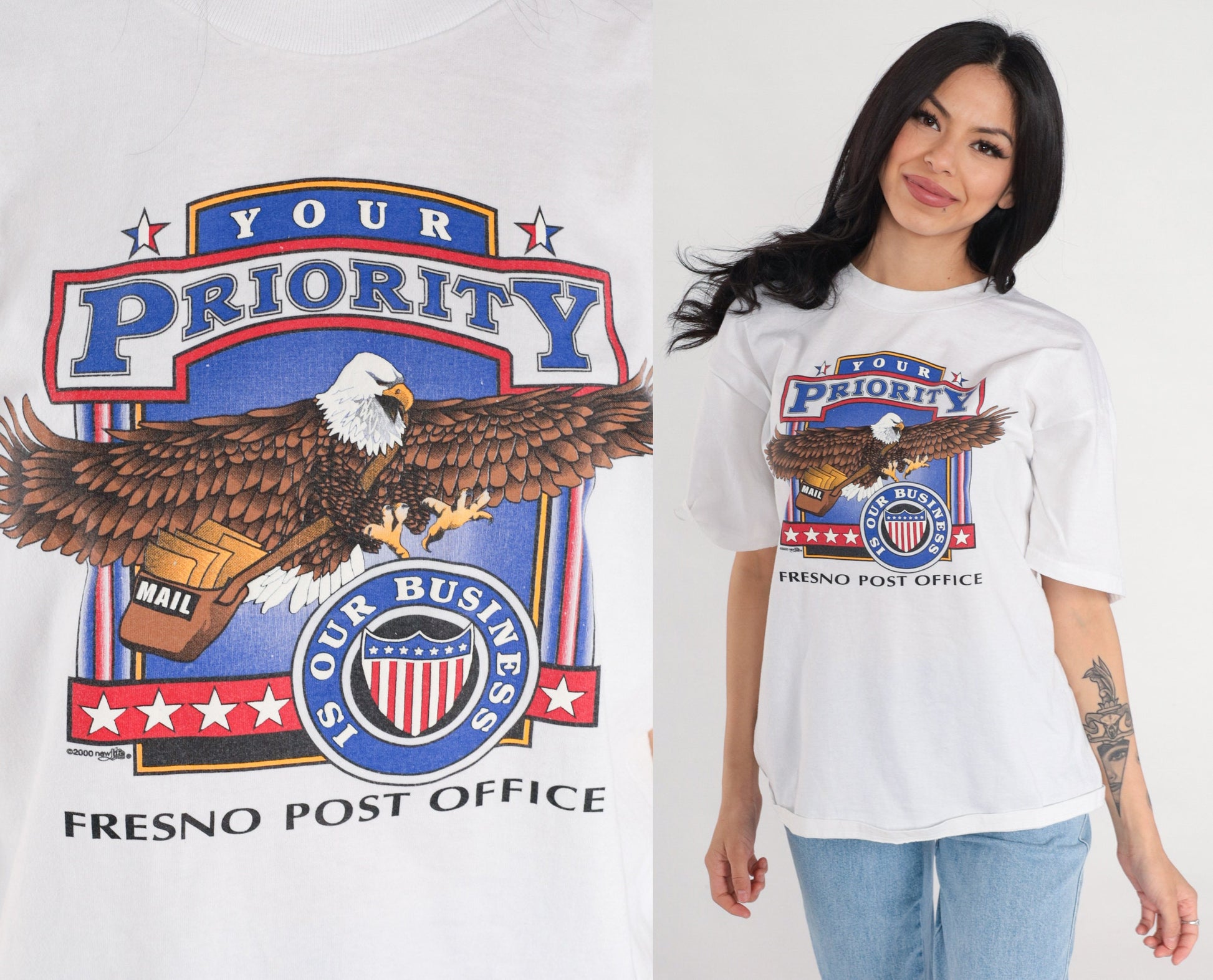 Y2K Fresno Post Office USPS Eagle Graphic Tee White Cotton Large L