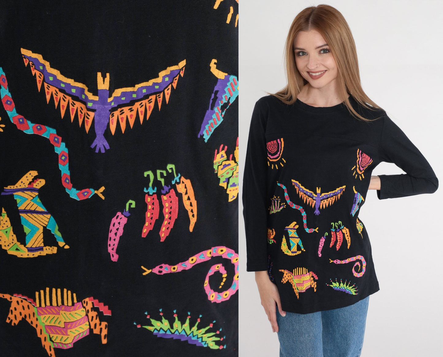 90s Southwestern Graphic Long Sleeve Tee Black Cotton Small