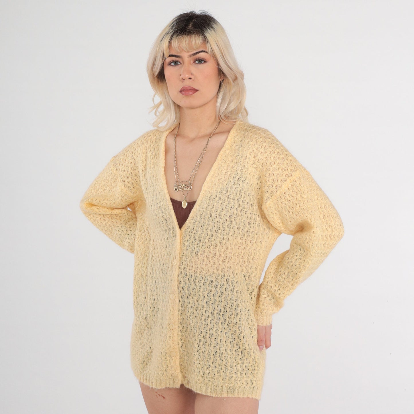 80s Yellow Mohair Cardigan Sweater Open Weave Pointelle Knit Medium