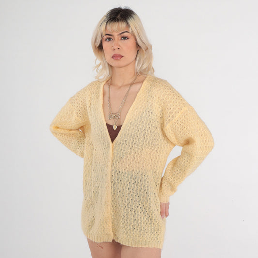 80s Yellow Mohair Cardigan Sweater Open Weave Pointelle Knit Medium