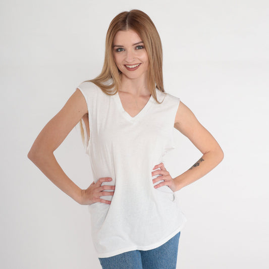 80s Hanes White V-Neck T-Shirt Single Stitch Cutoff Sleeves Medium