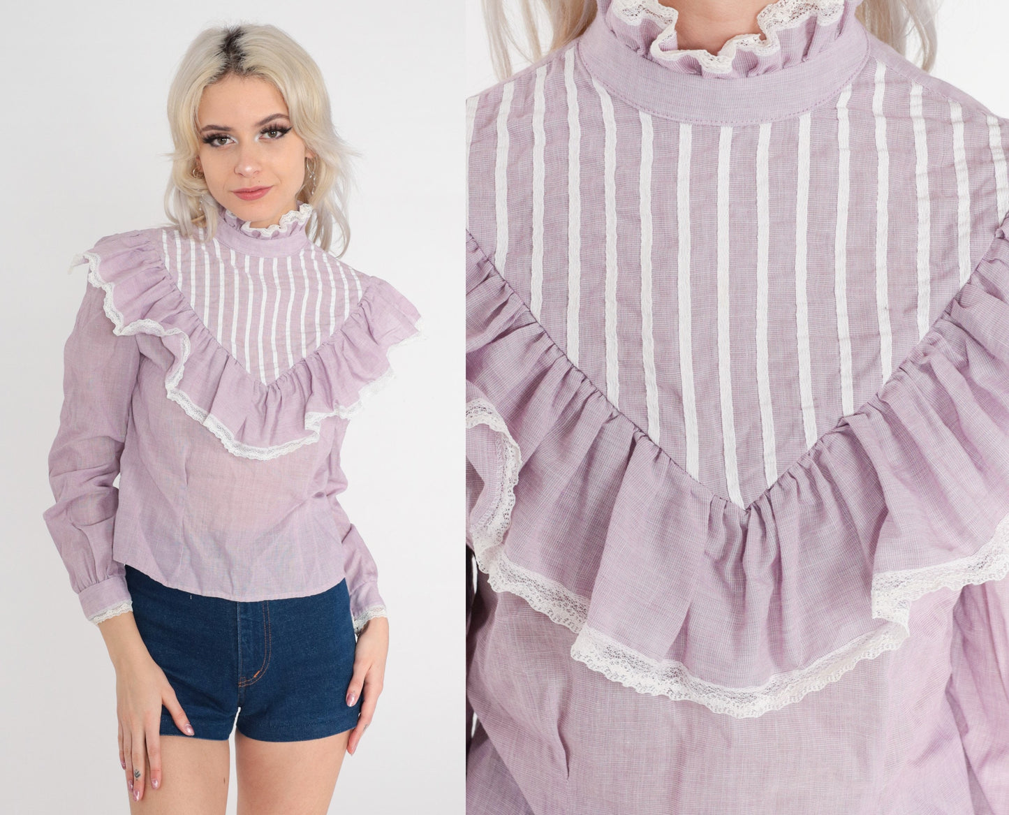 80s Lavender Striped Puff Sleeve Blouse Ruffled Neckline Button Back Small