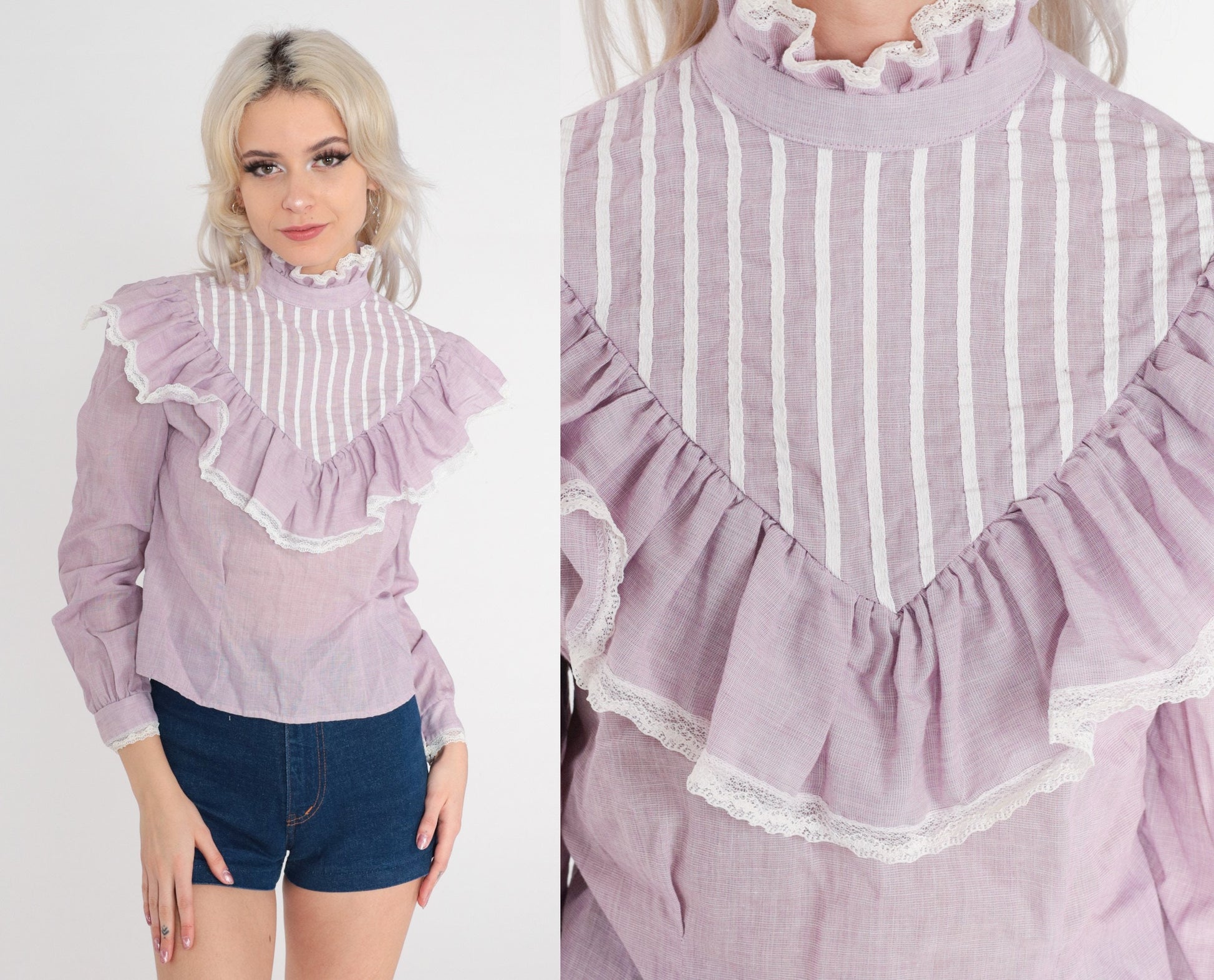80s Lavender Striped Puff Sleeve Blouse Ruffled Neckline Button Back Small