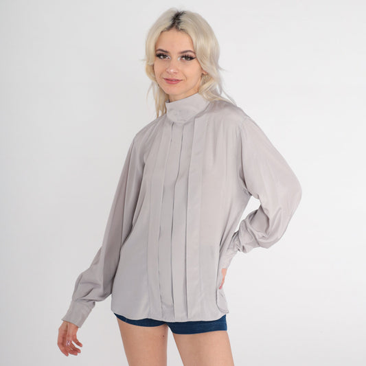 80s Christian Dior Mock Neck Blouse Grey Pleated Long Sleeve Medium 10