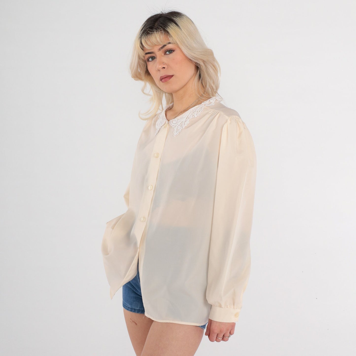 80s Cream Puff Sleeve Button-Up Blouse Lace Collar Long Sleeve Large