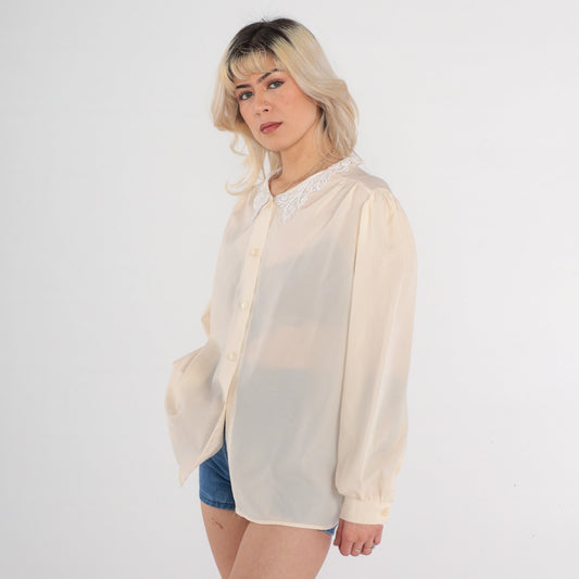 80s Cream Puff Sleeve Button-Up Blouse Lace Collar Long Sleeve Large