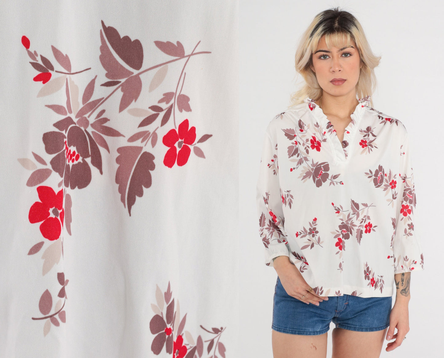 70s Floral Blouse Ruffle Neckline Long Sleeve White Rose Taupe Large
