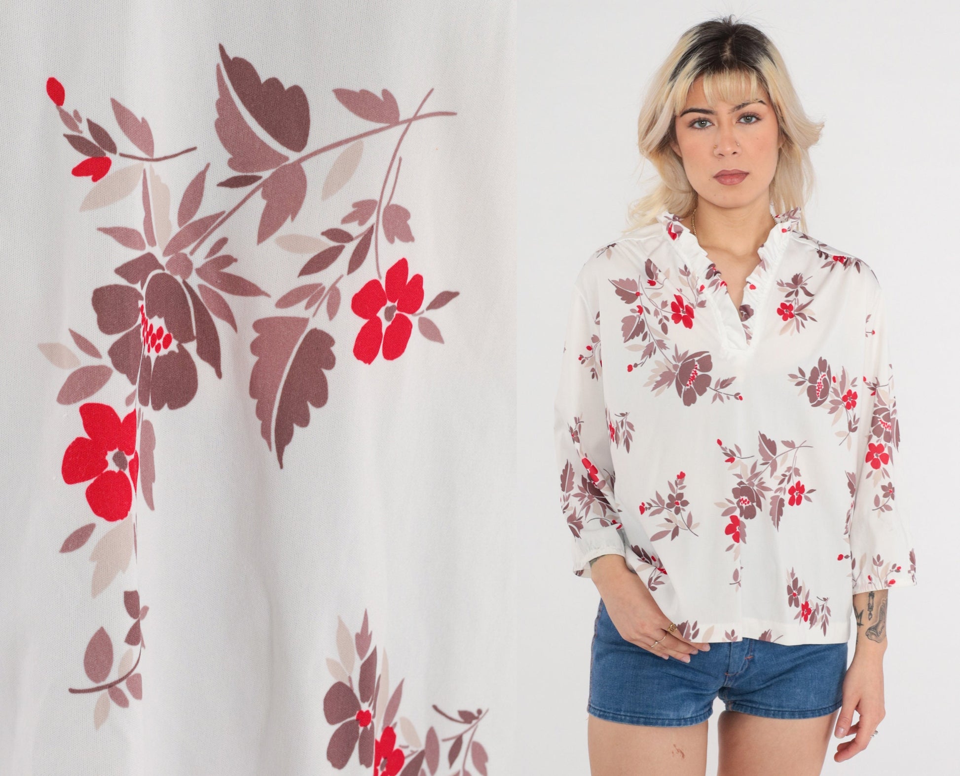 70s Floral Blouse Ruffle Neckline Long Sleeve White Rose Taupe Large
