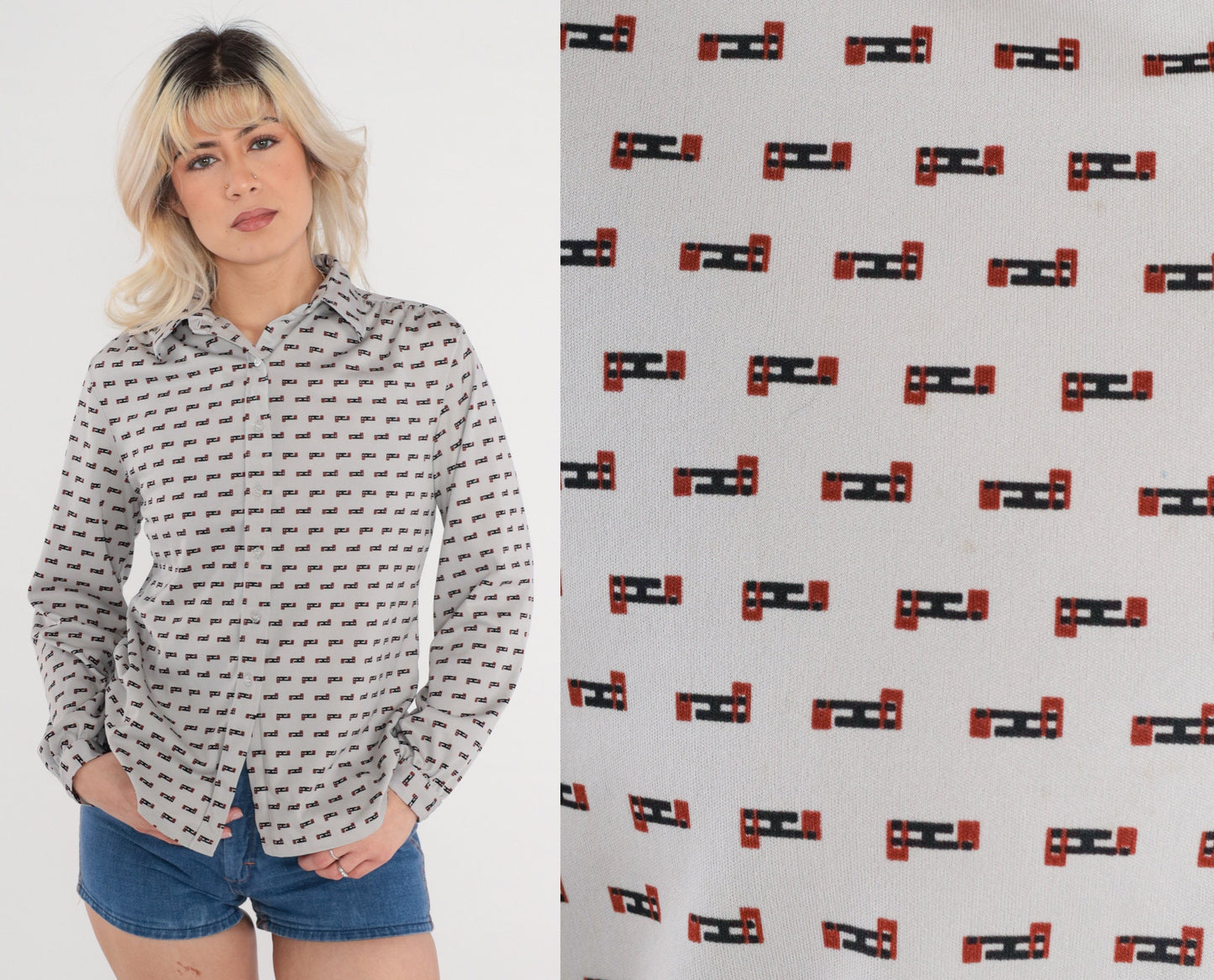 70s Grey Abstract Print Button-Up Blouse Dagger Collar Long Sleeve Medium